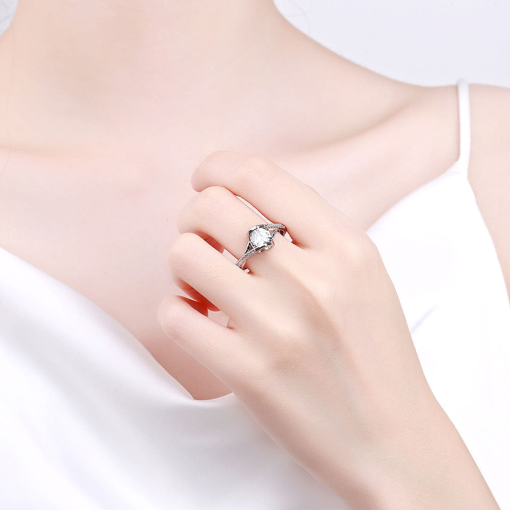 Moissanite Twisted Arm Crossed Diamond Heart Ring - Bellarte Enchanté Moissanite Twisted Arm Crossed Diamond Heart Ring