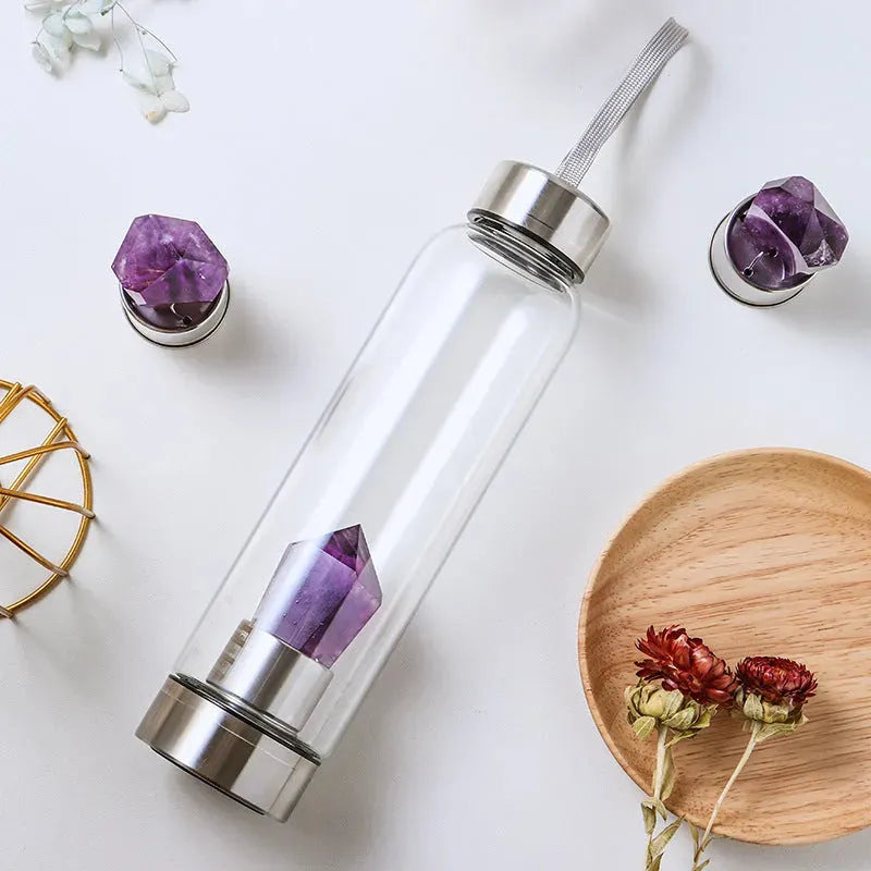 Natural Crystal Column Energy Glass Water Bottle - Bellarte Enchanté Natural Crystal Column Energy Glass Water Bottle