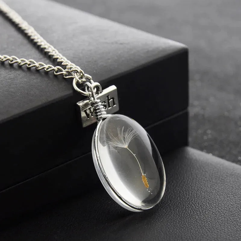 Natural Dandelion Dried Flower Pendant Necklace Double-Sided Time Gemstone Glass Glass Jewelry - Bellarte Enchanté Natural Dandelion Dried Flower Pendant Necklace Double-Sided Time Gemstone Glass Glass Jewelry