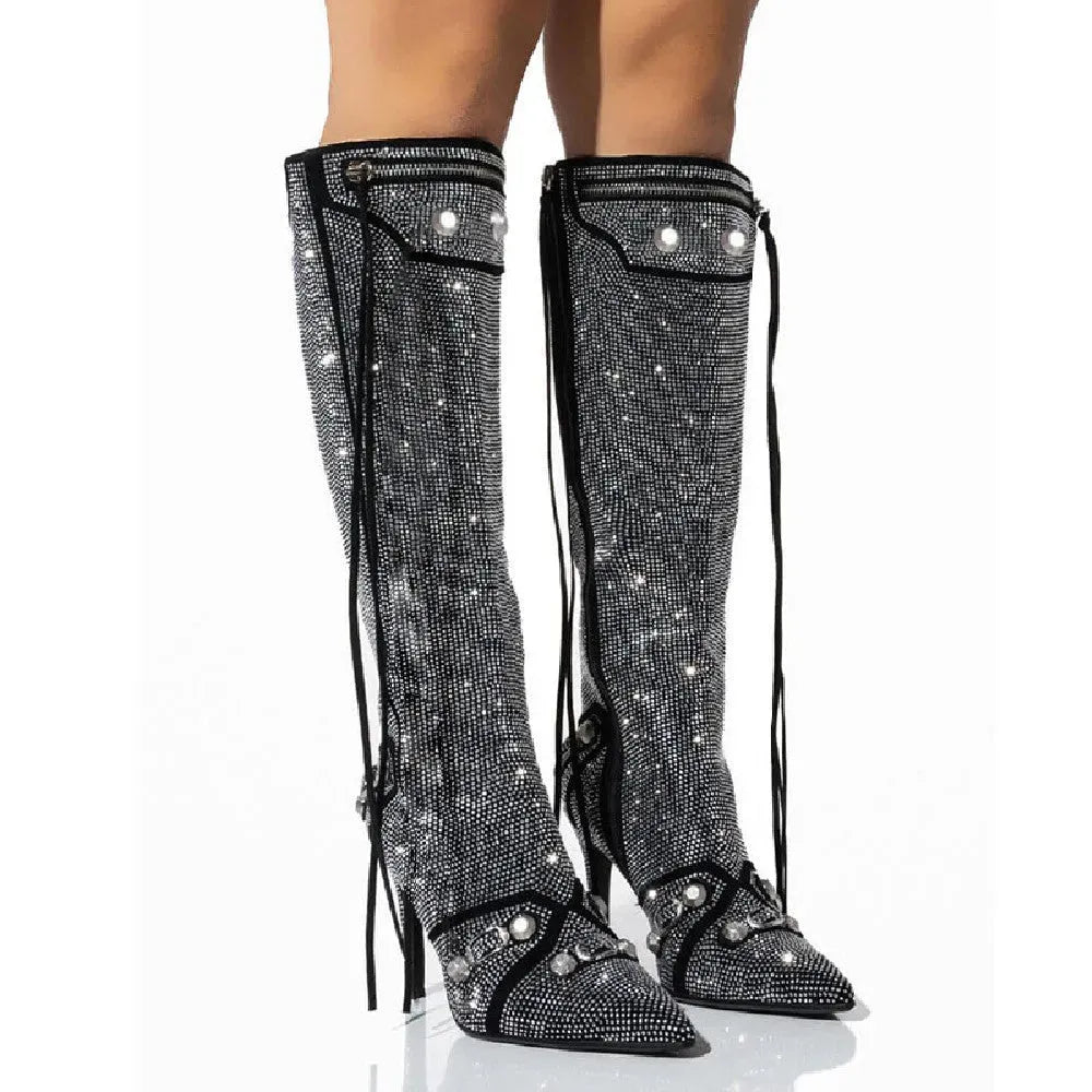 Needle Buckle Rhinestone Oversized Boots - Bellarte Enchanté Needle Buckle Rhinestone Oversized Boots
