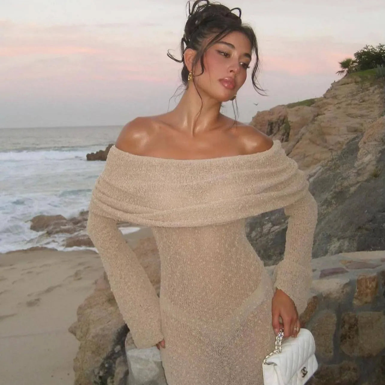 New One-shoulder Knitted Long-sleeved Dress Sexy Beach Holiday Long Dresses Womens Clothing - Bellarte Enchanté New One-shoulder Knitted Long-sleeved Dress Sexy Beach Holiday Long Dresses Womens Clothing