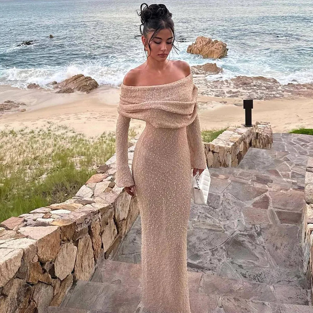 New One-shoulder Knitted Long-sleeved Dress Sexy Beach Holiday Long Dresses Womens Clothing - Bellarte Enchanté New One-shoulder Knitted Long-sleeved Dress Sexy Beach Holiday Long Dresses Womens Clothing