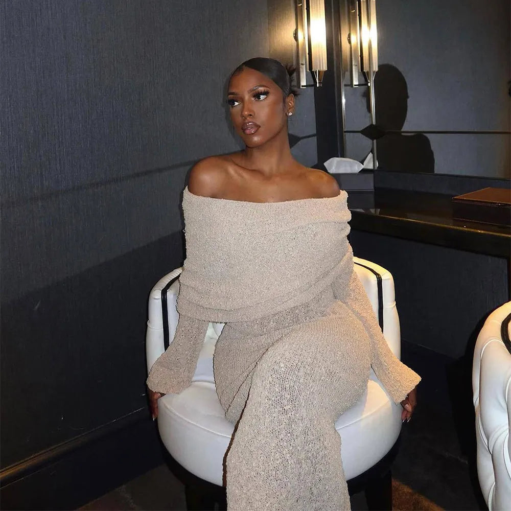 New One-shoulder Knitted Long-sleeved Dress Sexy Beach Holiday Long Dresses Womens Clothing - Bellarte Enchanté New One-shoulder Knitted Long-sleeved Dress Sexy Beach Holiday Long Dresses Womens Clothing