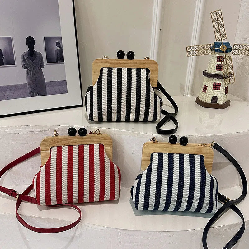 New Striped Canvas Wooden Clip-mouth Clutch - Bellarte Enchanté New Striped Canvas Wooden Clip-mouth Clutch