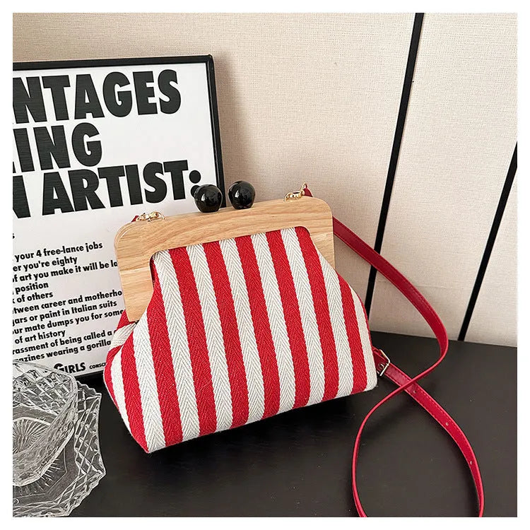 New Striped Canvas Wooden Clip-mouth Clutch - Bellarte Enchanté New Striped Canvas Wooden Clip-mouth Clutch