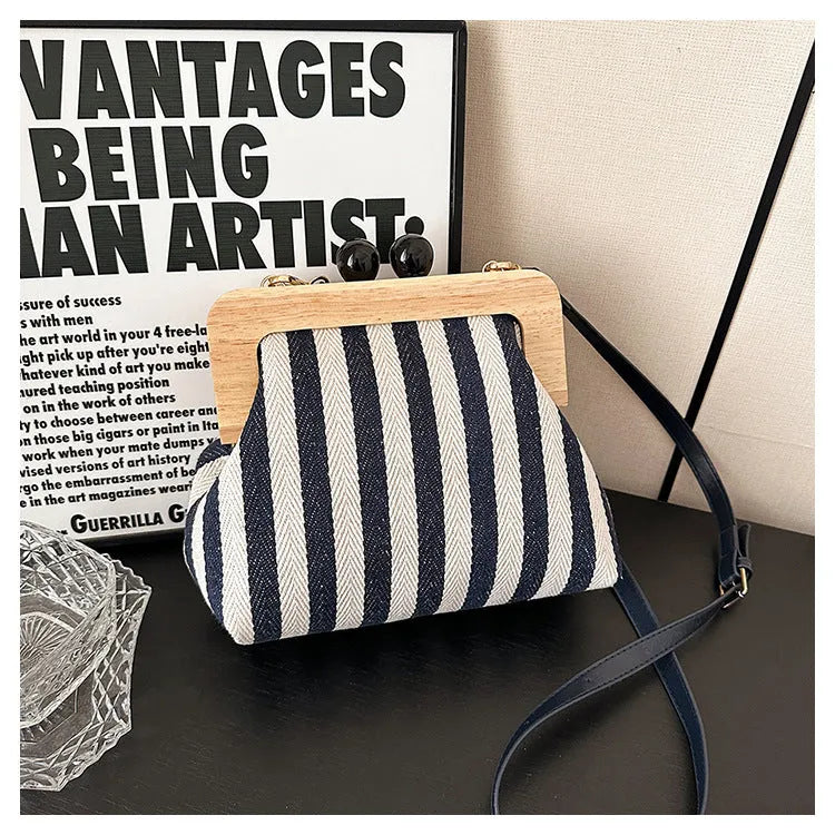 New Striped Canvas Wooden Clip-mouth Clutch - Bellarte Enchanté New Striped Canvas Wooden Clip-mouth Clutch