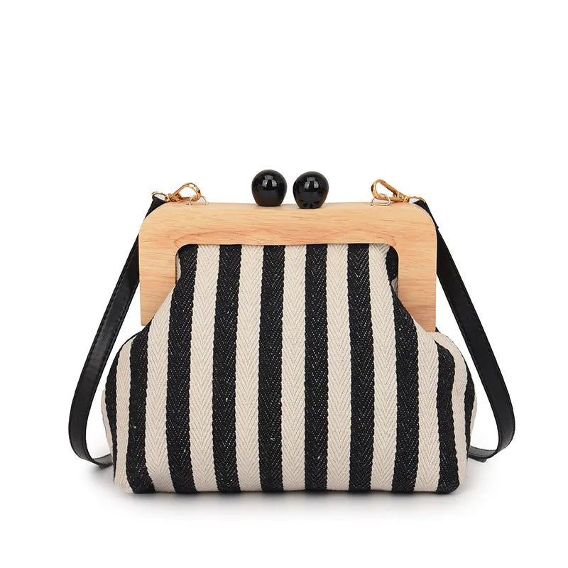 New Striped Canvas Wooden Clip-mouth Clutch - Bellarte Enchanté New Striped Canvas Wooden Clip-mouth Clutch