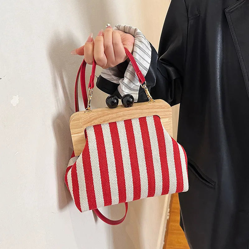 New Striped Canvas Wooden Clip-mouth Clutch - Bellarte Enchanté New Striped Canvas Wooden Clip-mouth Clutch
