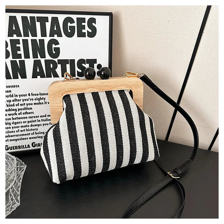 New Striped Canvas Wooden Clip-mouth Clutch - Bellarte Enchanté New Striped Canvas Wooden Clip-mouth Clutch