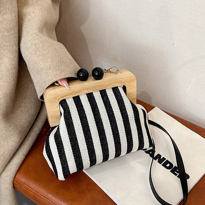 New Striped Canvas Wooden Clip-mouth Clutch - Bellarte Enchanté New Striped Canvas Wooden Clip-mouth Clutch