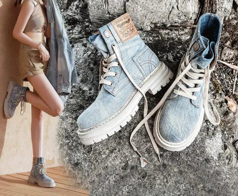 New Thick-soled Short Martin Boots Women's Denim - Bellarte Enchanté New Thick-soled Short Martin Boots Women's Denim