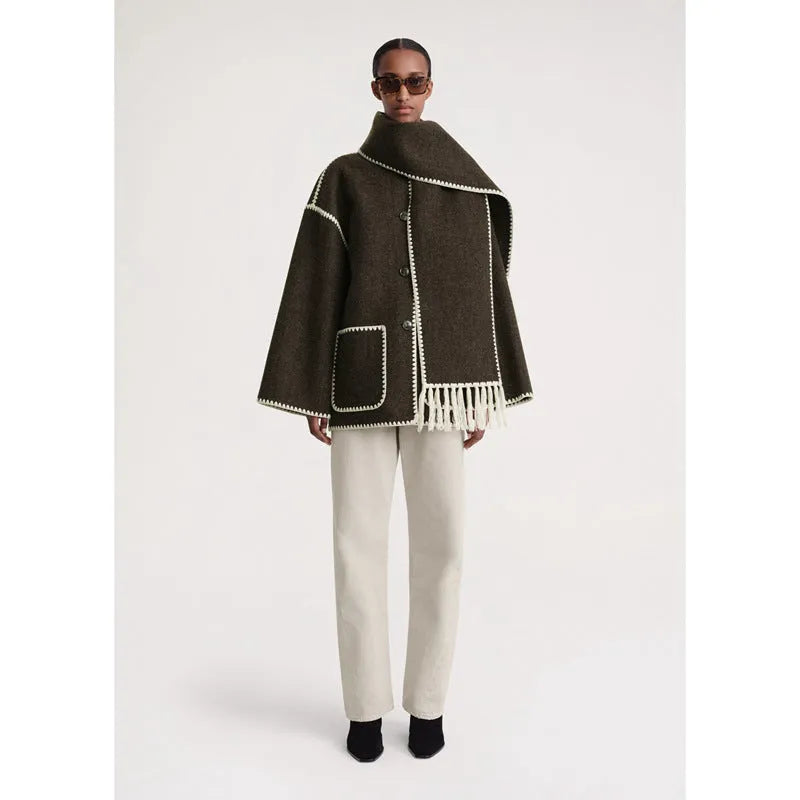 New Wool Blend Autumn And Winter Tassel Scarf Collar Loose Woolen Coat - Bellarte Enchanté New Wool Blend Autumn And Winter Tassel Scarf Collar Loose Woolen Coat