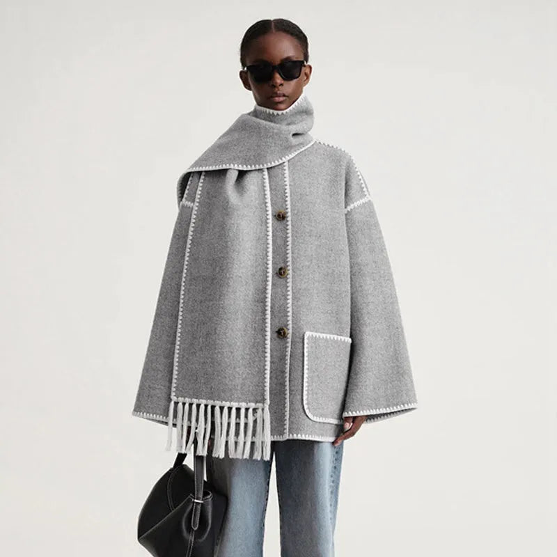 New Wool Blend Autumn And Winter Tassel Scarf Collar Loose Woolen Coat - Bellarte Enchanté New Wool Blend Autumn And Winter Tassel Scarf Collar Loose Woolen Coat