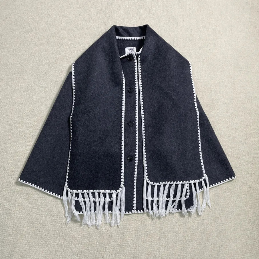 New Wool Blend Autumn And Winter Tassel Scarf Collar Loose Woolen Coat - Bellarte Enchanté New Wool Blend Autumn And Winter Tassel Scarf Collar Loose Woolen Coat