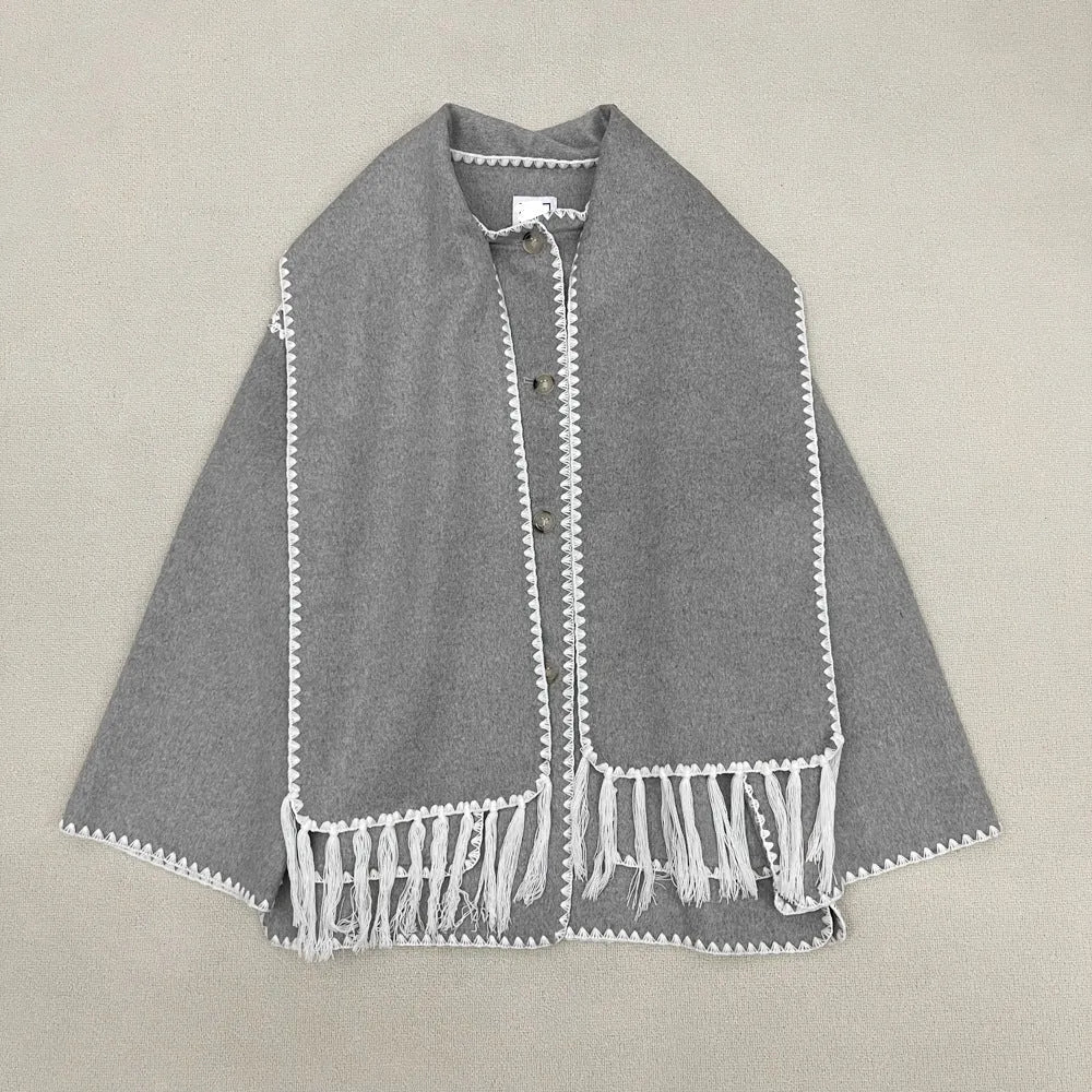 New Wool Blend Autumn And Winter Tassel Scarf Collar Loose Woolen Coat - Bellarte Enchanté New Wool Blend Autumn And Winter Tassel Scarf Collar Loose Woolen Coat