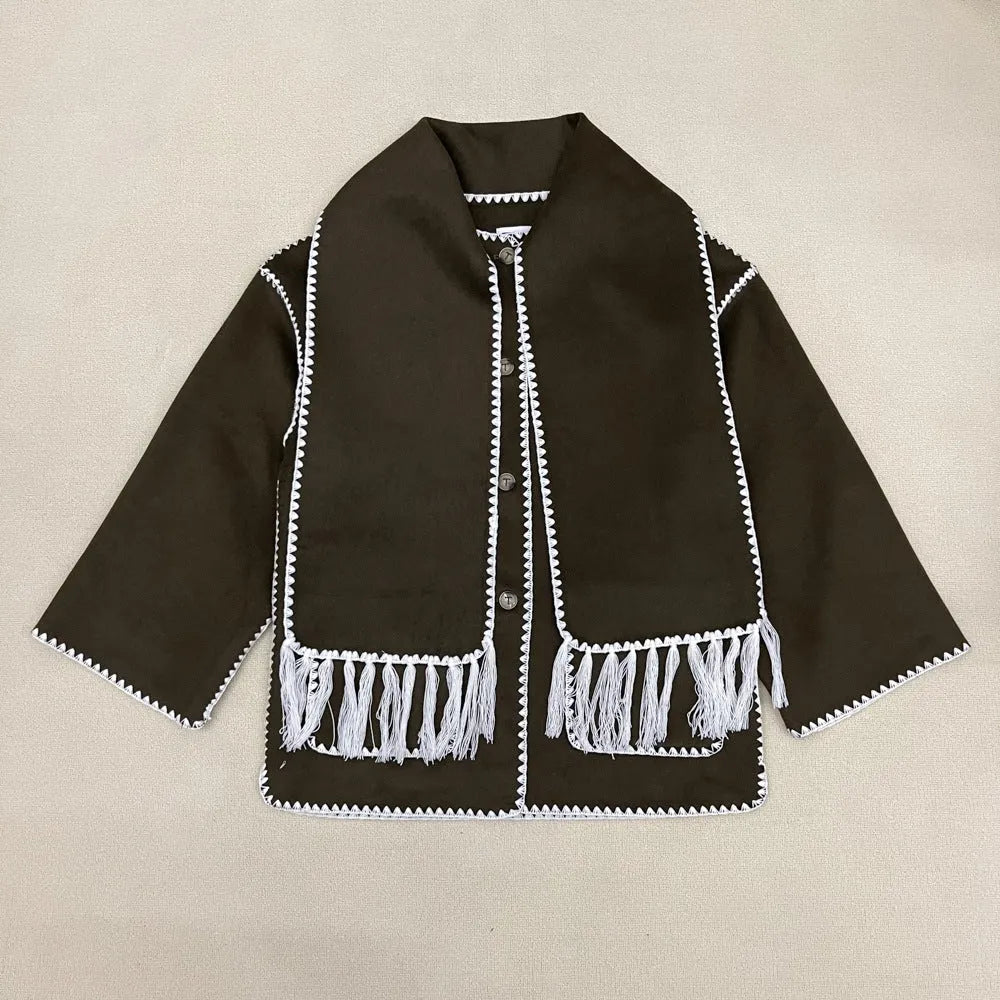 New Wool Blend Autumn And Winter Tassel Scarf Collar Loose Woolen Coat - Bellarte Enchanté New Wool Blend Autumn And Winter Tassel Scarf Collar Loose Woolen Coat