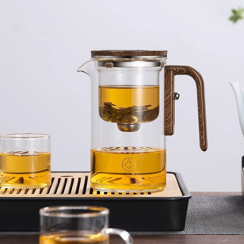 One Click Magnetic Teapot Separation Filtration Glass Tea Pot Wood Handle Tea Water Separation Inner Container Teapot - Bellarte Enchanté One Click Magnetic Teapot Separation Filtration Glass Tea Pot Wood Handle Tea Water Separation Inner Container Teapot