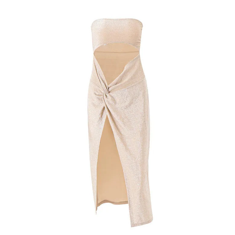 One-line Neck Tube Top Hollow Kink Slit Dress - Bellarte Enchanté One-line Neck Tube Top Hollow Kink Slit Dress