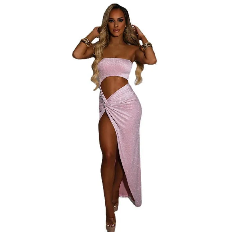 One-line Neck Tube Top Hollow Kink Slit Dress - Bellarte Enchanté One-line Neck Tube Top Hollow Kink Slit Dress