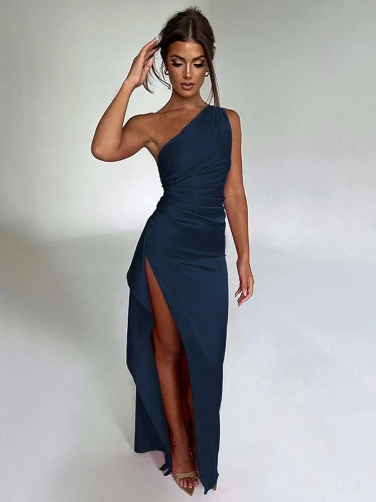 One-Shoulder Pleated Split Satin Dress - Bellarte Enchanté One-Shoulder Pleated Split Satin Dress