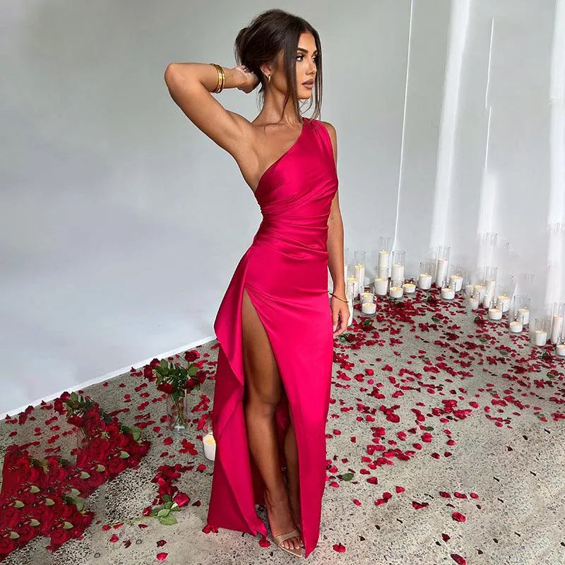 One-Shoulder Pleated Split Satin Dress - Bellarte Enchanté One-Shoulder Pleated Split Satin Dress