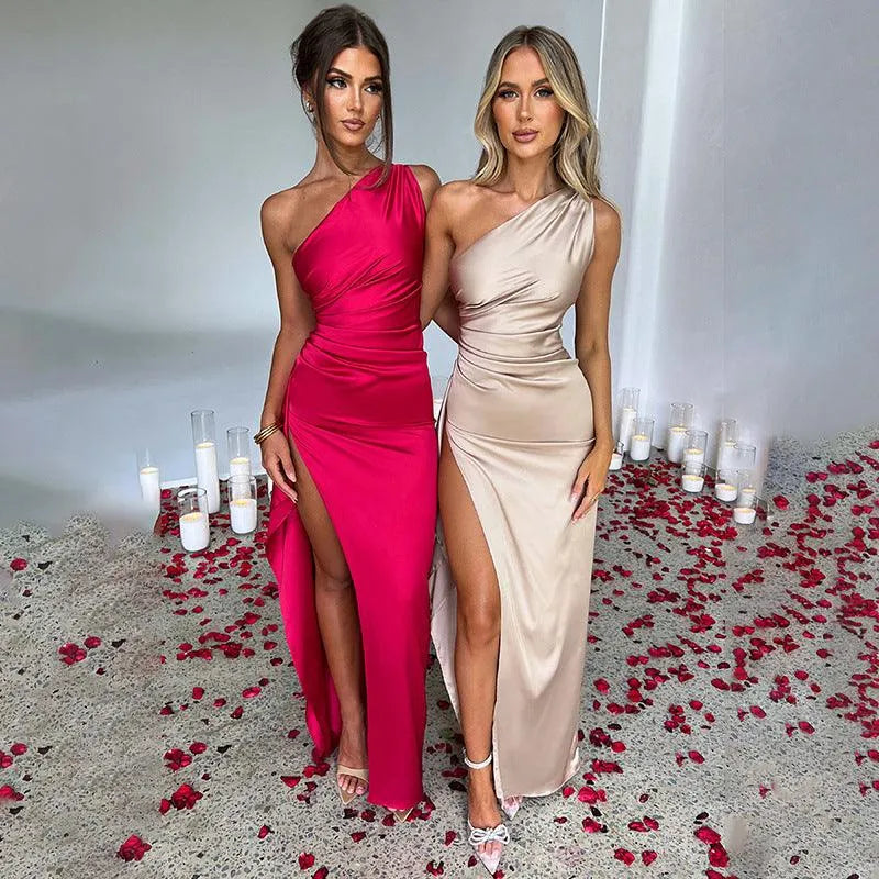 One-Shoulder Pleated Split Satin Dress - Bellarte Enchanté One-Shoulder Pleated Split Satin Dress