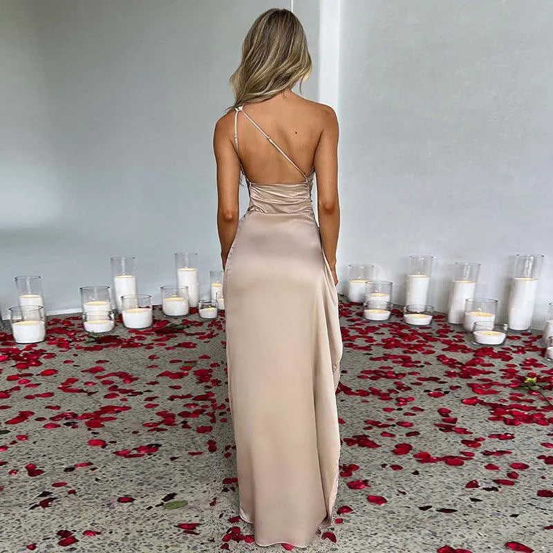One-Shoulder Pleated Split Satin Dress - Bellarte Enchanté One-Shoulder Pleated Split Satin Dress