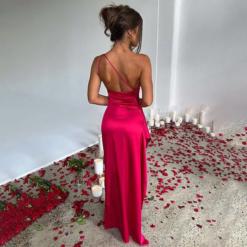 One-Shoulder Pleated Split Satin Dress - Bellarte Enchanté One-Shoulder Pleated Split Satin Dress
