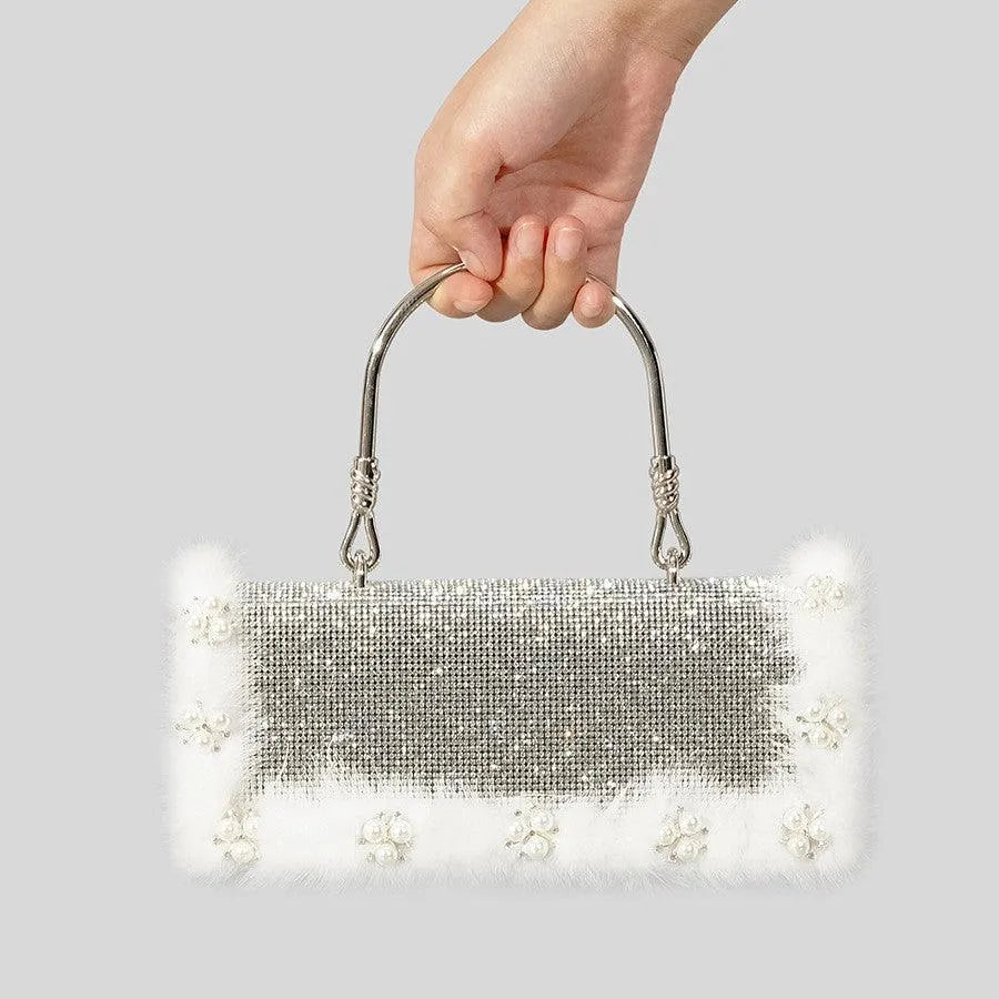 Ostrich Fur Pearl Rhinestone Bag Women's New - Bellarte Enchanté Ostrich Fur Pearl Rhinestone Bag Women's New