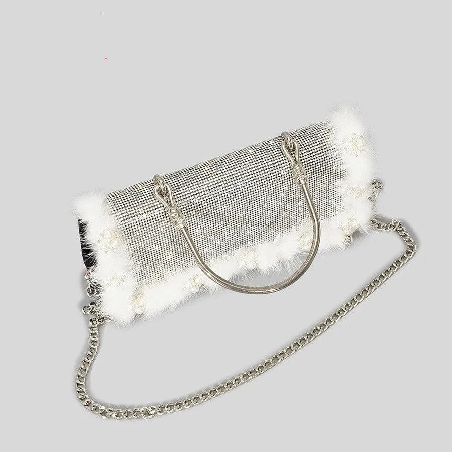 Ostrich Fur Pearl Rhinestone Bag Women's New - Bellarte Enchanté Ostrich Fur Pearl Rhinestone Bag Women's New