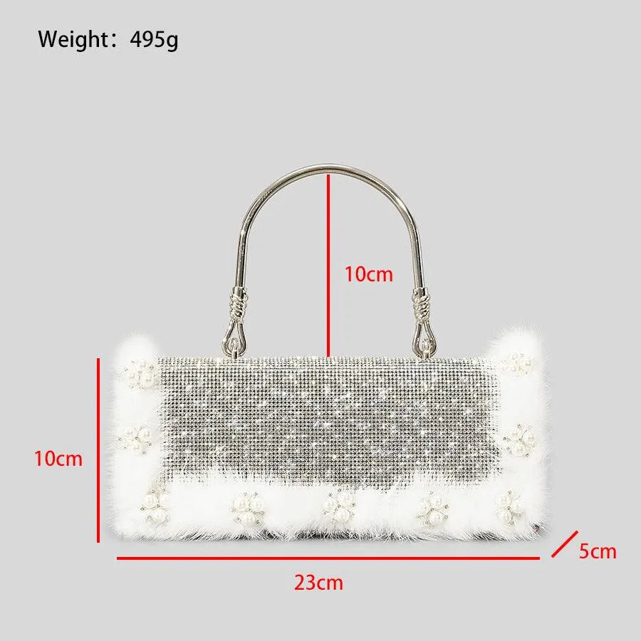 Ostrich Fur Pearl Rhinestone Bag Women's New - Bellarte Enchanté Ostrich Fur Pearl Rhinestone Bag Women's New