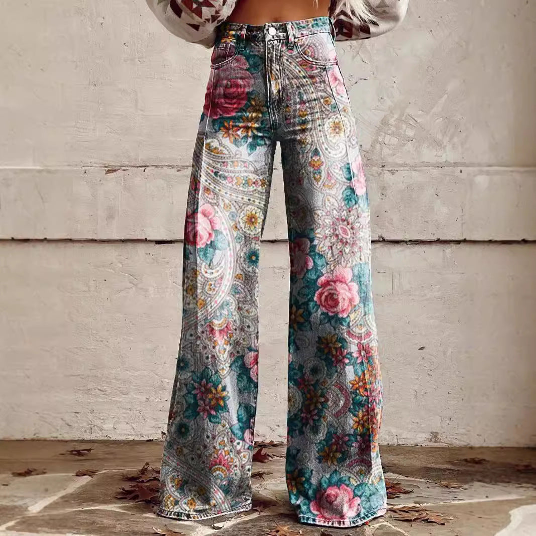 Pattern Women's Wide-legged Pants Anti-jeans 3D Digital Printing - Bellarte Enchanté Pattern Women's Wide-legged Pants Anti-jeans 3D Digital Printing