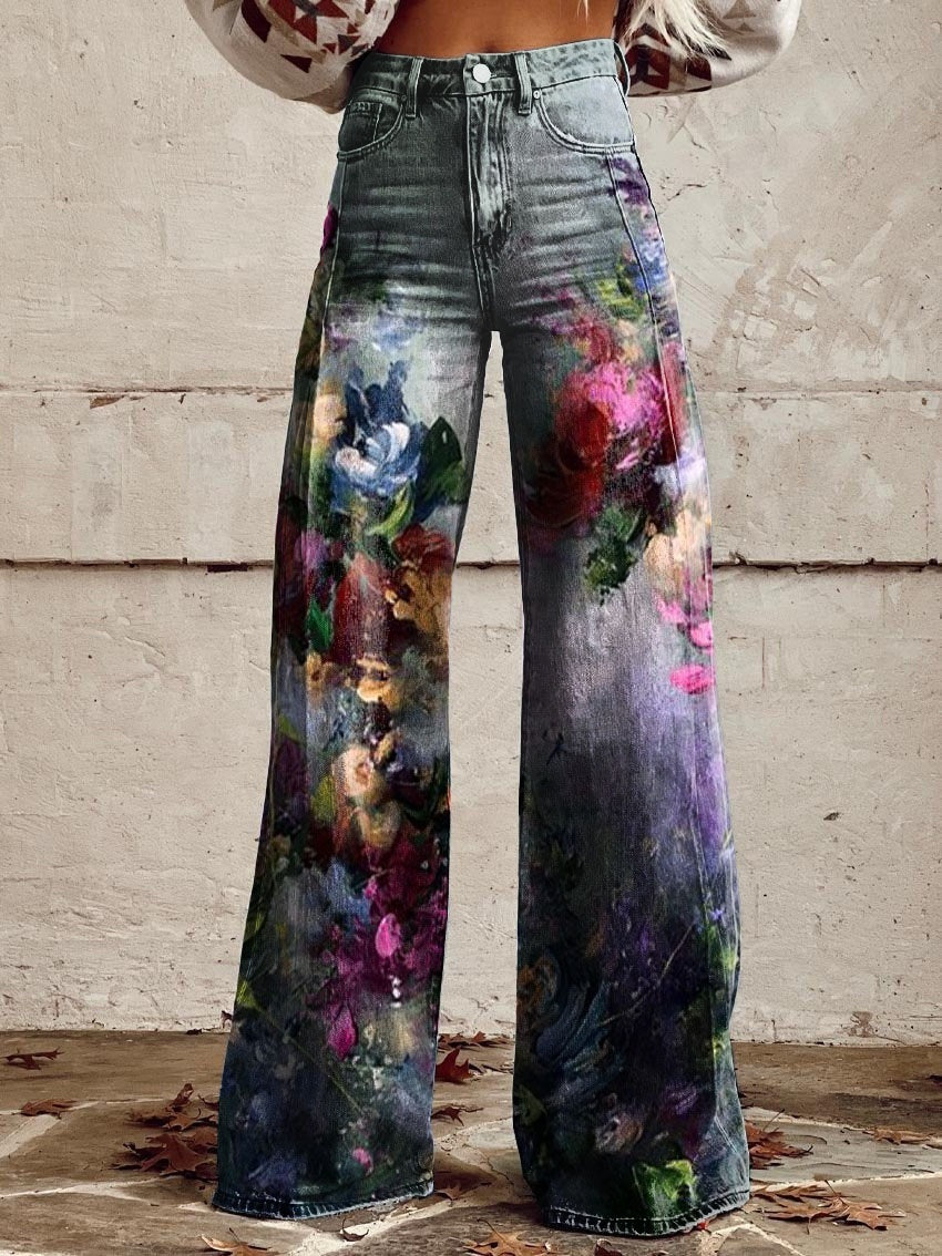 Pattern Women's Wide-legged Pants Anti-jeans 3D Digital Printing - Bellarte Enchanté Pattern Women's Wide-legged Pants Anti-jeans 3D Digital Printing