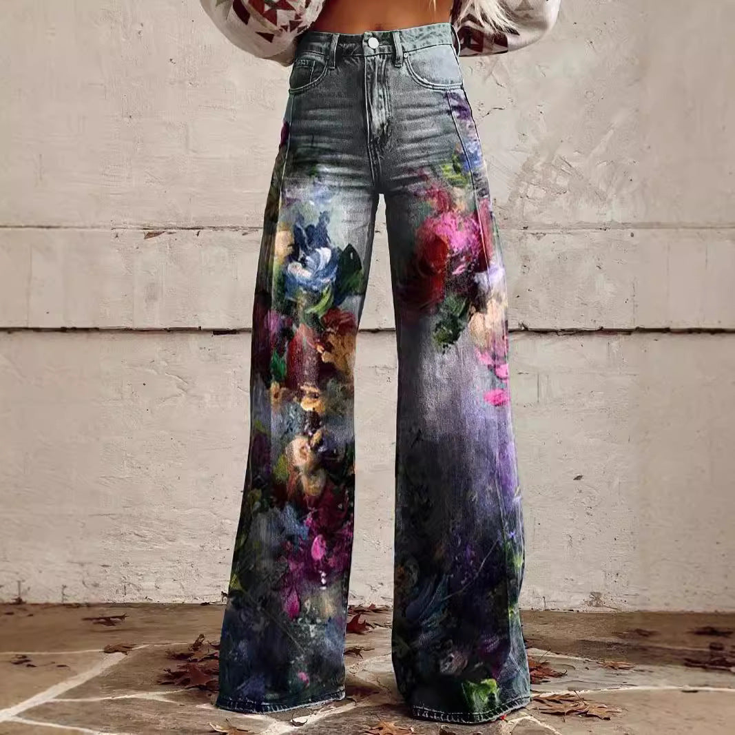 Pattern Women's Wide-legged Pants Anti-jeans 3D Digital Printing - Bellarte Enchanté Pattern Women's Wide-legged Pants Anti-jeans 3D Digital Printing