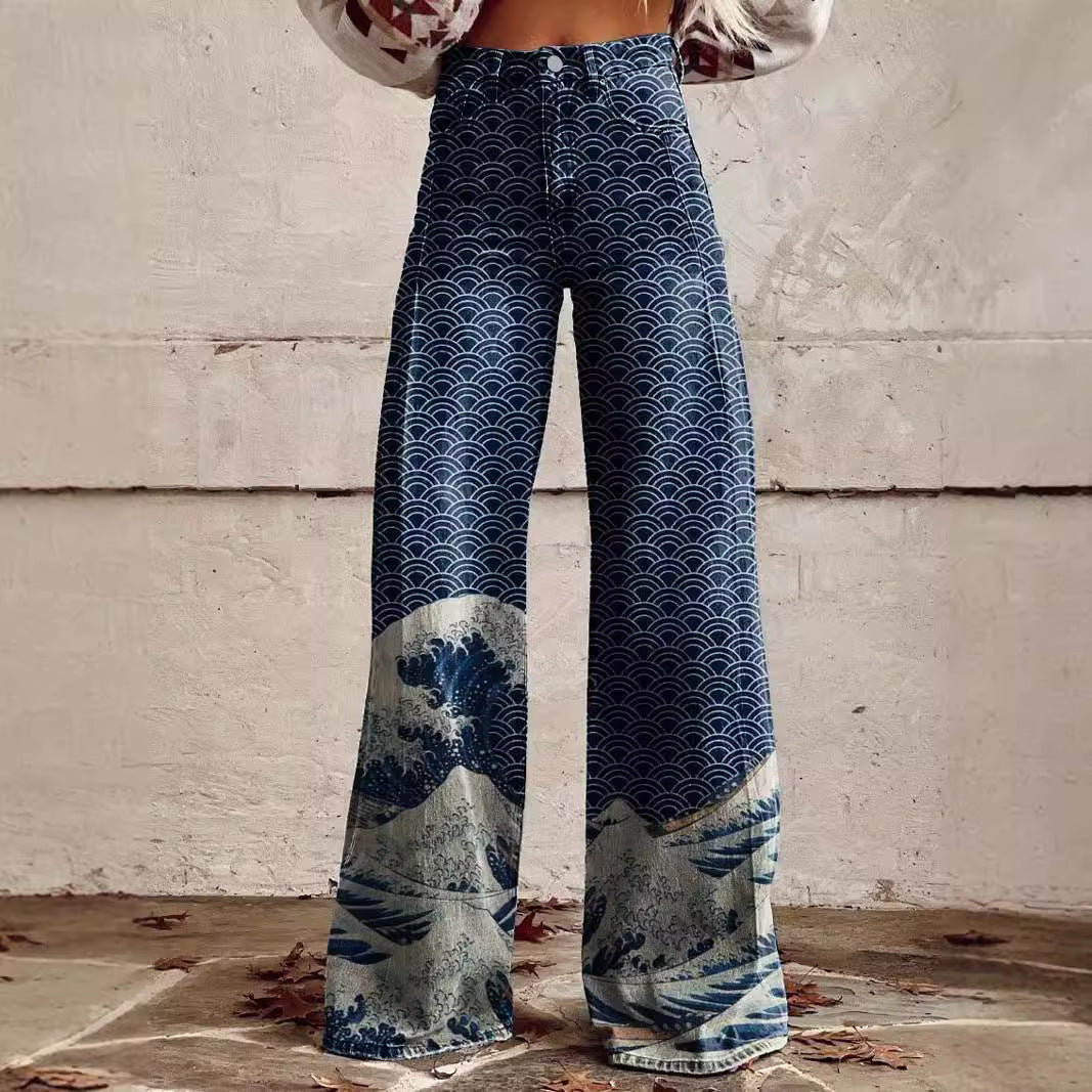Pattern Women's Wide-legged Pants Anti-jeans 3D Digital Printing - Bellarte Enchanté Pattern Women's Wide-legged Pants Anti-jeans 3D Digital Printing