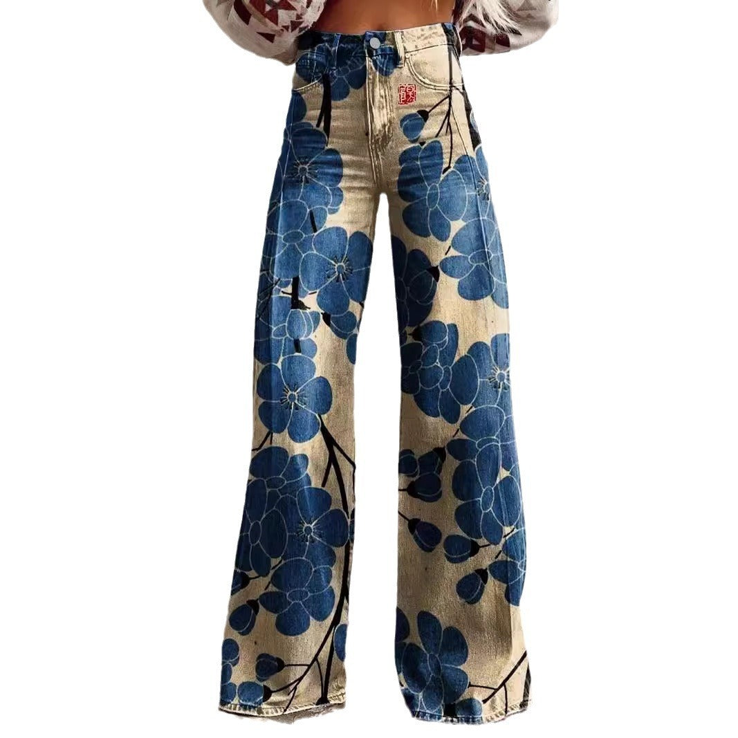 Pattern Women's Wide-legged Pants Anti-jeans 3D Digital Printing - Bellarte Enchanté Pattern Women's Wide-legged Pants Anti-jeans 3D Digital Printing