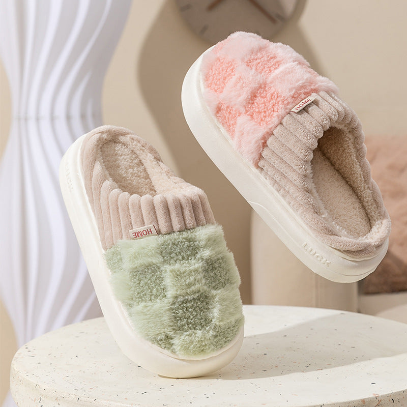 Plaid Plush Slippers Women's Indoor Plush Home Slippers Soft Sole Thick Non-Slip Warm House Shoes Couple Autumn And Winter - Bellarte Enchanté Plaid Plush Slippers Women's Indoor Plush Home Slippers Soft Sole Thick Non-Slip Warm House Shoes Couple Autumn And Winter