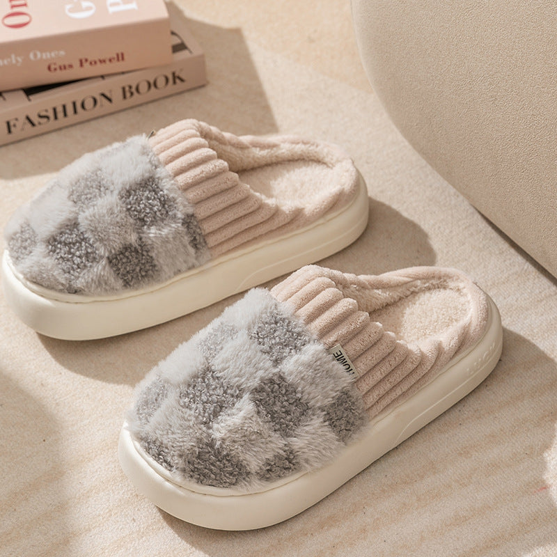 Plaid Plush Slippers Women's Indoor Plush Home Slippers Soft Sole Thick Non-Slip Warm House Shoes Couple Autumn And Winter - Bellarte Enchanté Plaid Plush Slippers Women's Indoor Plush Home Slippers Soft Sole Thick Non-Slip Warm House Shoes Couple Autumn And Winter