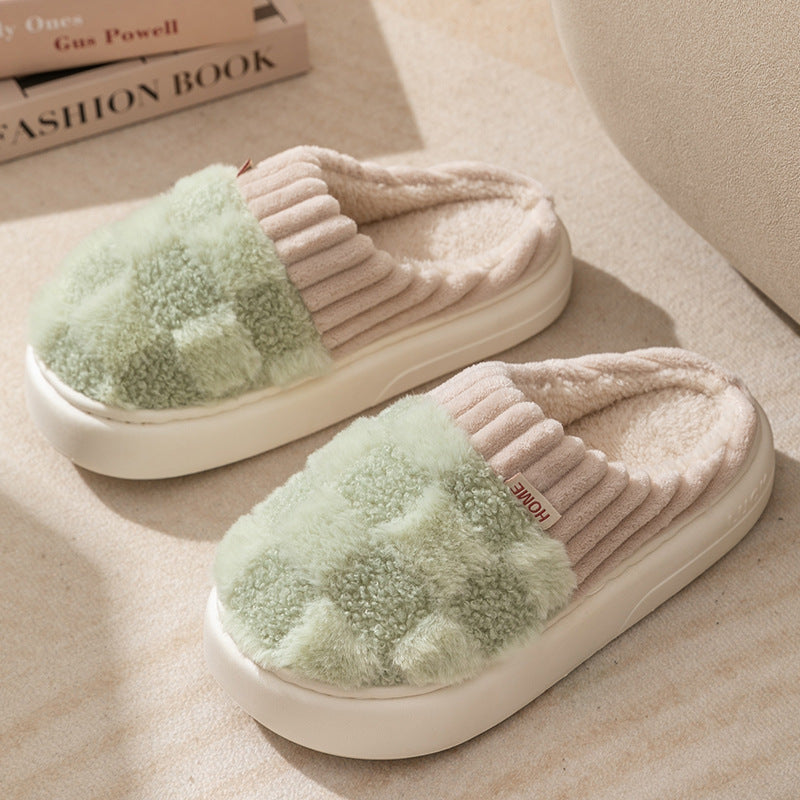 Plaid Plush Slippers Women's Indoor Plush Home Slippers Soft Sole Thick Non-Slip Warm House Shoes Couple Autumn And Winter - Bellarte Enchanté Plaid Plush Slippers Women's Indoor Plush Home Slippers Soft Sole Thick Non-Slip Warm House Shoes Couple Autumn And Winter