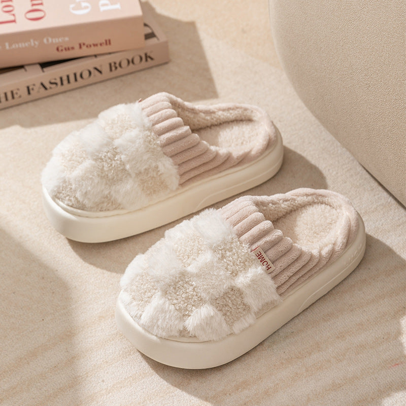 Plaid Plush Slippers Women's Indoor Plush Home Slippers Soft Sole Thick Non-Slip Warm House Shoes Couple Autumn And Winter - Bellarte Enchanté Plaid Plush Slippers Women's Indoor Plush Home Slippers Soft Sole Thick Non-Slip Warm House Shoes Couple Autumn And Winter