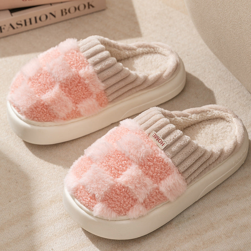 Plaid Plush Slippers Women's Indoor Plush Home Slippers Soft Sole Thick Non-Slip Warm House Shoes Couple Autumn And Winter - Bellarte Enchanté Plaid Plush Slippers Women's Indoor Plush Home Slippers Soft Sole Thick Non-Slip Warm House Shoes Couple Autumn And Winter