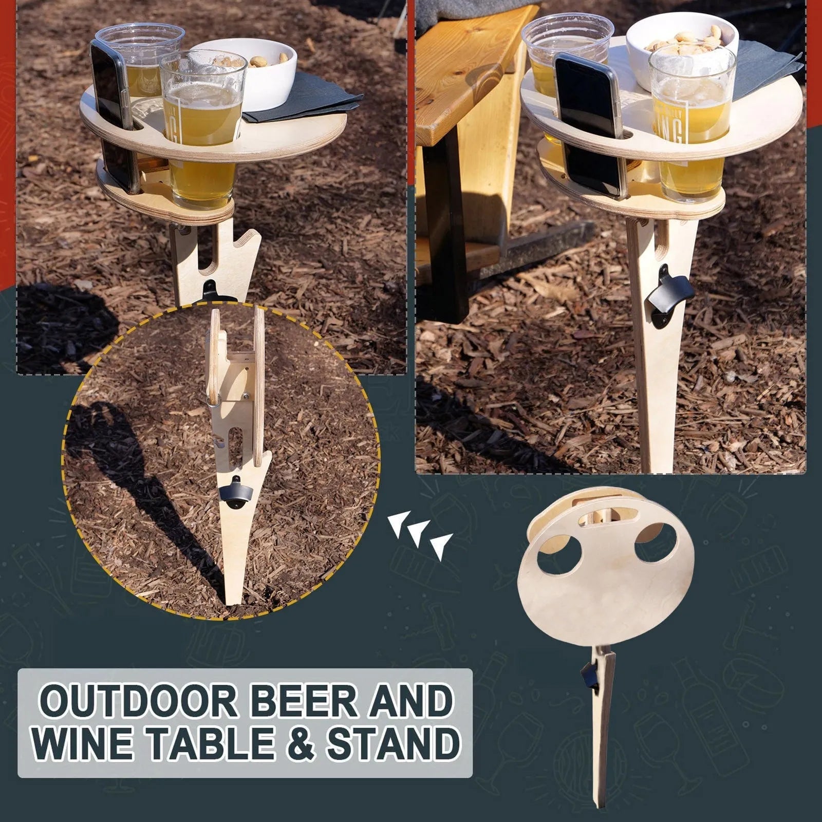Portable Beer Table Wine Table with Foldable Round Desktop Mini Wooden Picnic Table for Beach Camping Backyard Entertainment - Bellarte Enchanté Portable Beer Table Wine Table with Foldable Round Desktop Mini Wooden Picnic Table for Beach Camping Backyard Entertainment