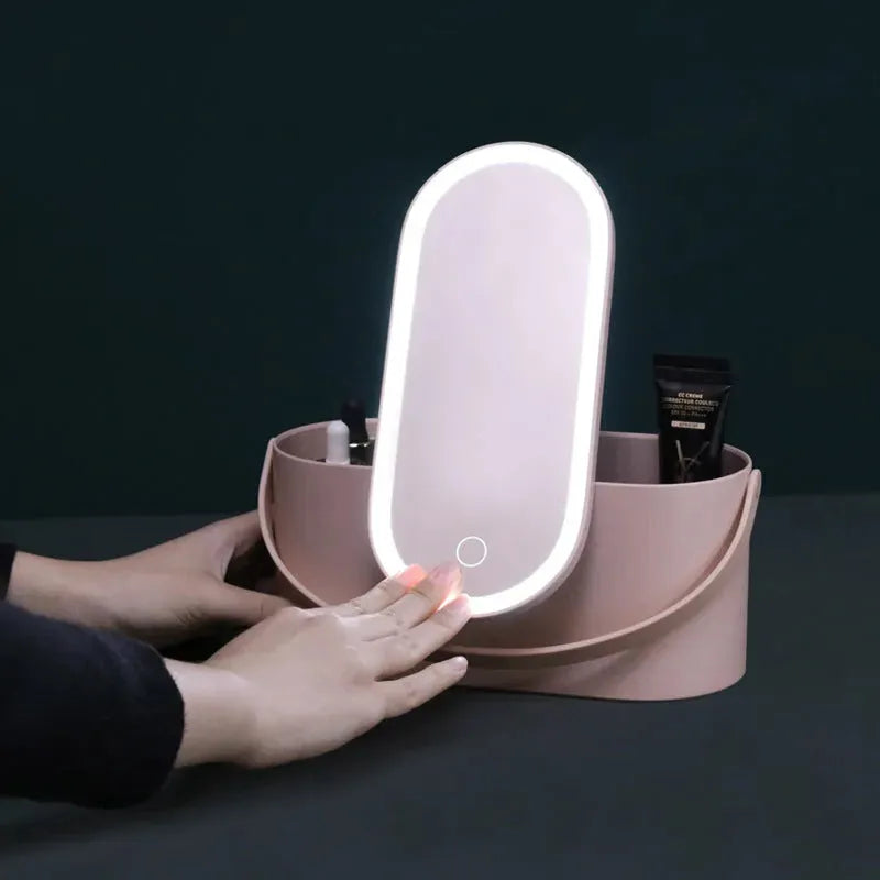 Portable Led Desk Storage Cosmetic Mirror Organizer Box With Light - Bellarte Enchanté Portable Led Desk Storage Cosmetic Mirror Organizer Box With Light