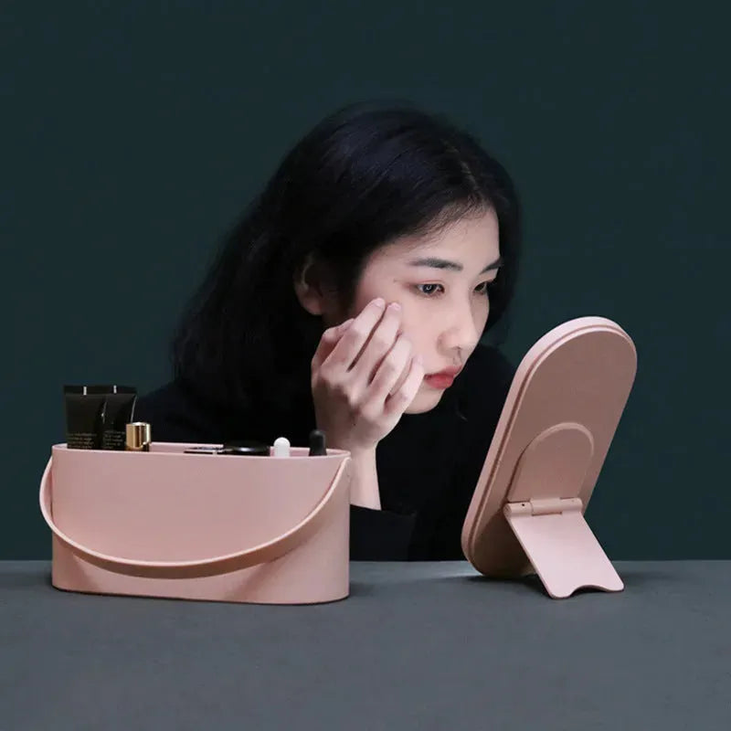 Portable Led Desk Storage Cosmetic Mirror Organizer Box With Light - Bellarte Enchanté Portable Led Desk Storage Cosmetic Mirror Organizer Box With Light