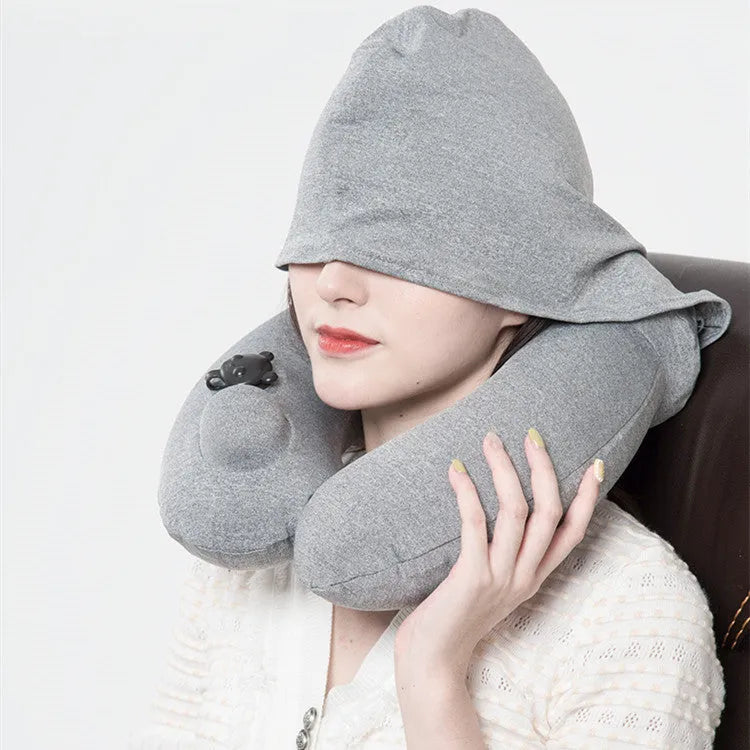 Portable Men And Women Travel Hooded Inflatable U-shaped Pillow - Bellarte Enchanté Portable Men And Women Travel Hooded Inflatable U-shaped Pillow