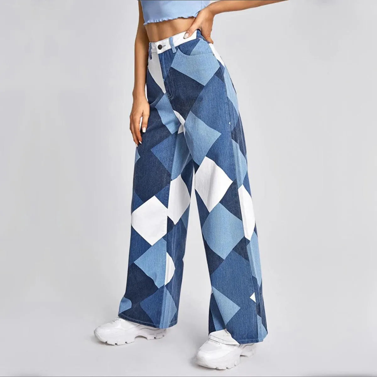 Printed Denim Trousers With High Waist And Large Cylinder - Bellarte Enchanté Printed Denim Trousers With High Waist And Large Cylinder