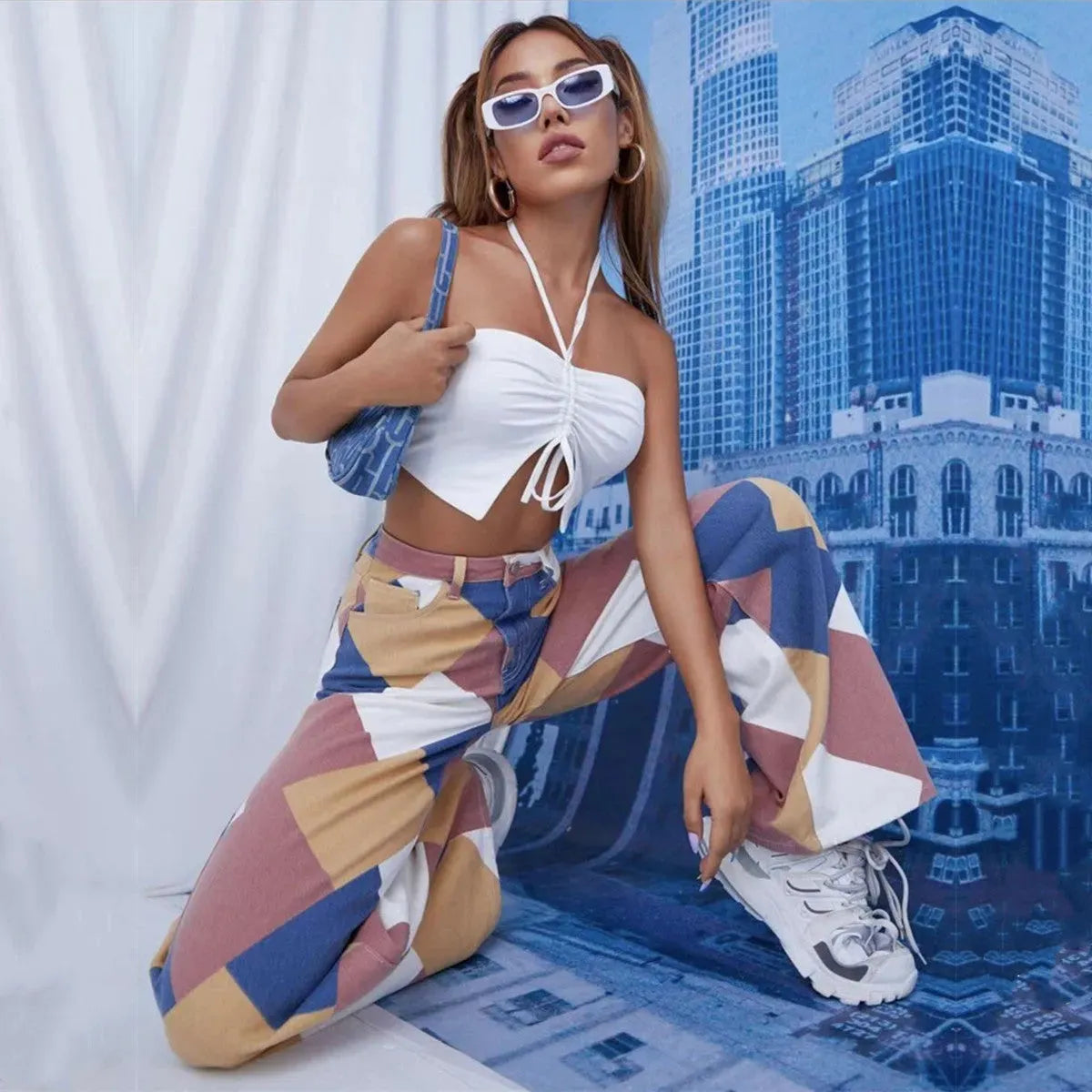 Printed Denim Trousers With High Waist And Large Cylinder - Bellarte Enchanté Printed Denim Trousers With High Waist And Large Cylinder