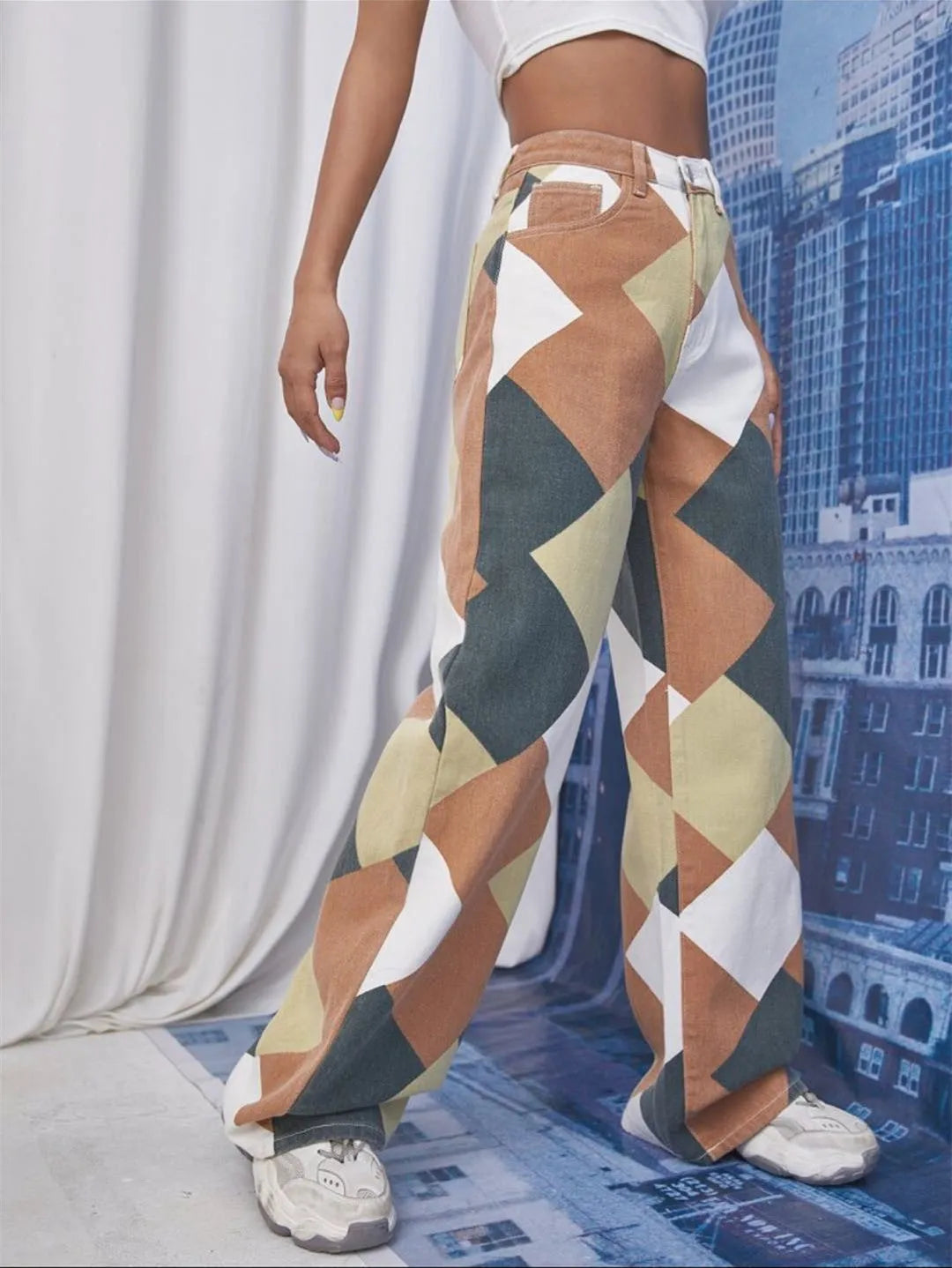 Printed Denim Trousers With High Waist And Large Cylinder - Bellarte Enchanté Printed Denim Trousers With High Waist And Large Cylinder