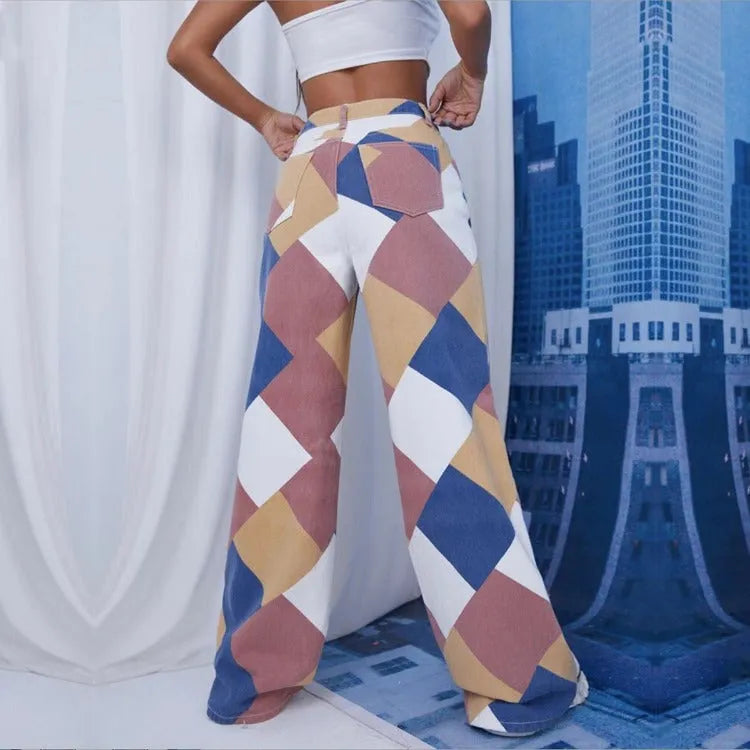 Printed Denim Trousers With High Waist And Large Cylinder - Bellarte Enchanté Printed Denim Trousers With High Waist And Large Cylinder