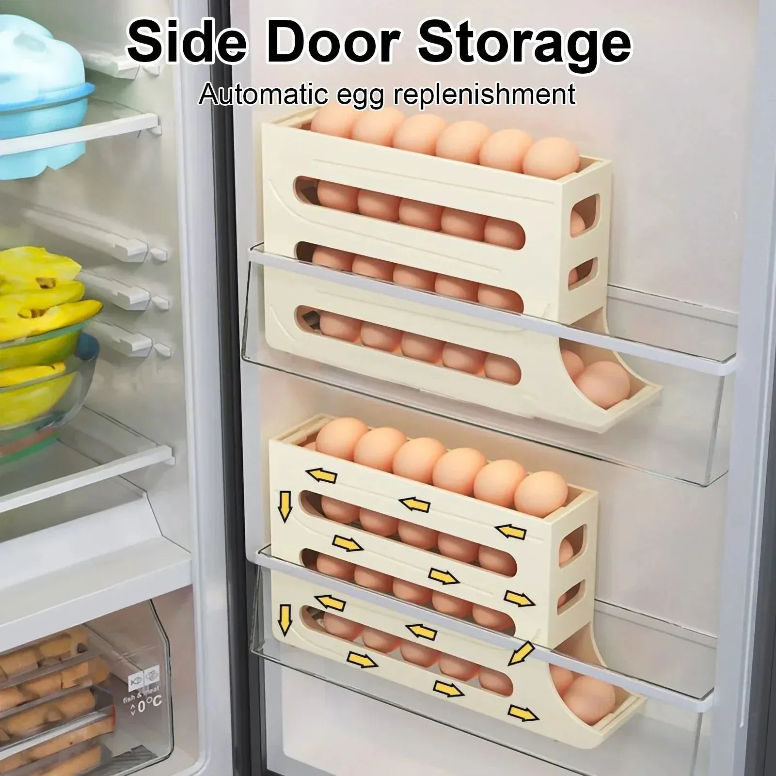 Refrigerator 4-Layer Automatic Egg Roller Sliding Egg Tray Refrigerator Side Door Large Capacity Holder Egg Storage Box Kitchen Gadgets - Bellarte Enchanté Refrigerator 4-Layer Automatic Egg Roller Sliding Egg Tray Refrigerator Side Door Large Capacity Holder Egg Storage Box Kitchen Gadgets